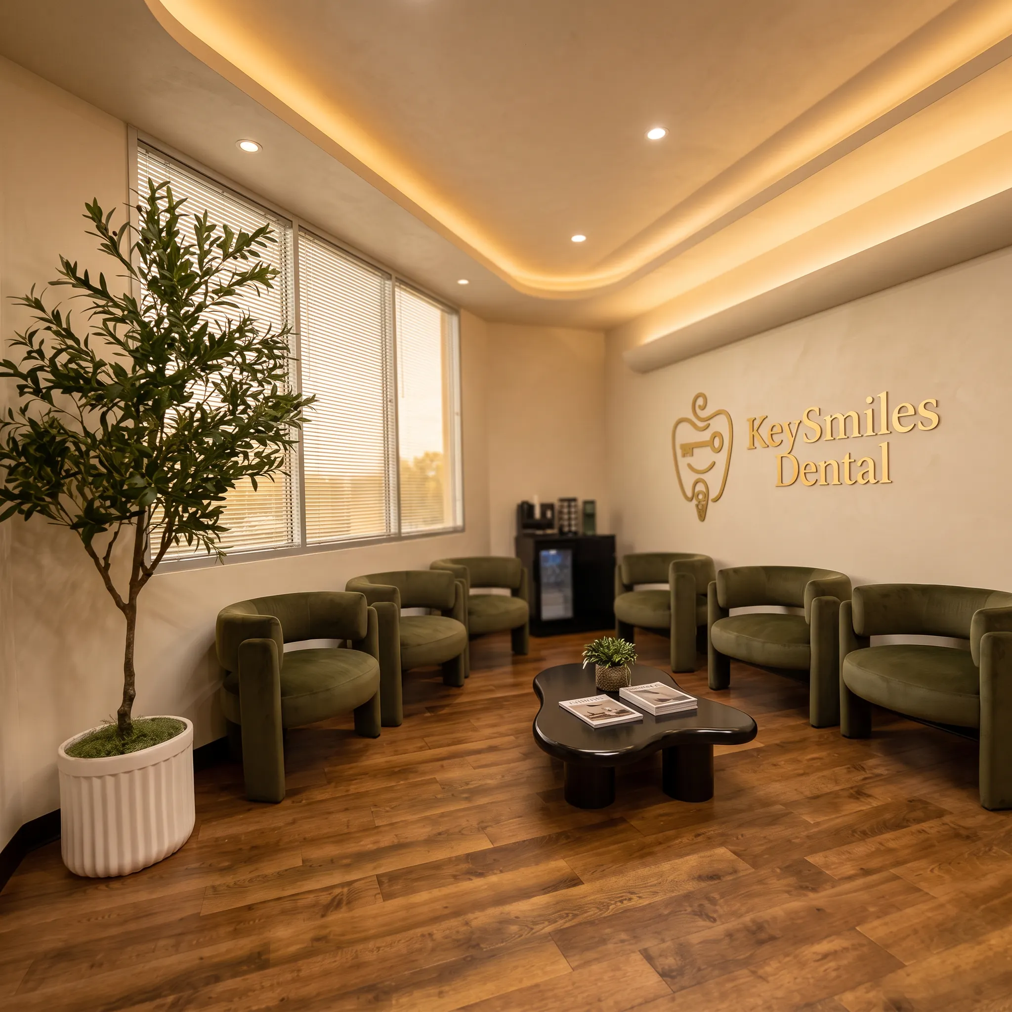 Warm, sunlit waiting room inside the KeySmiles Dental office in Conroe, Texas